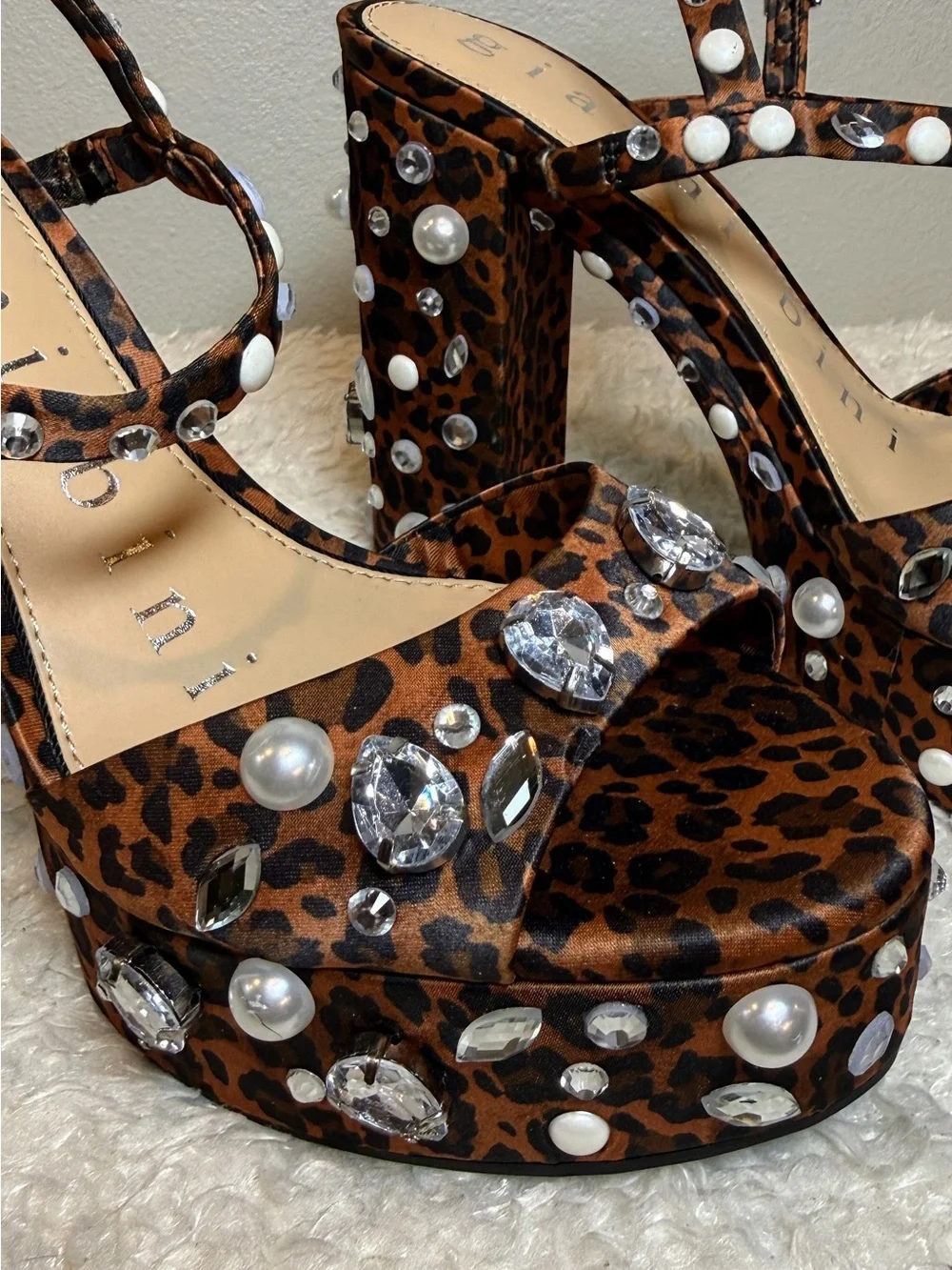 Gianni Bini Leopard Jewel Ornamented Platform Sandals